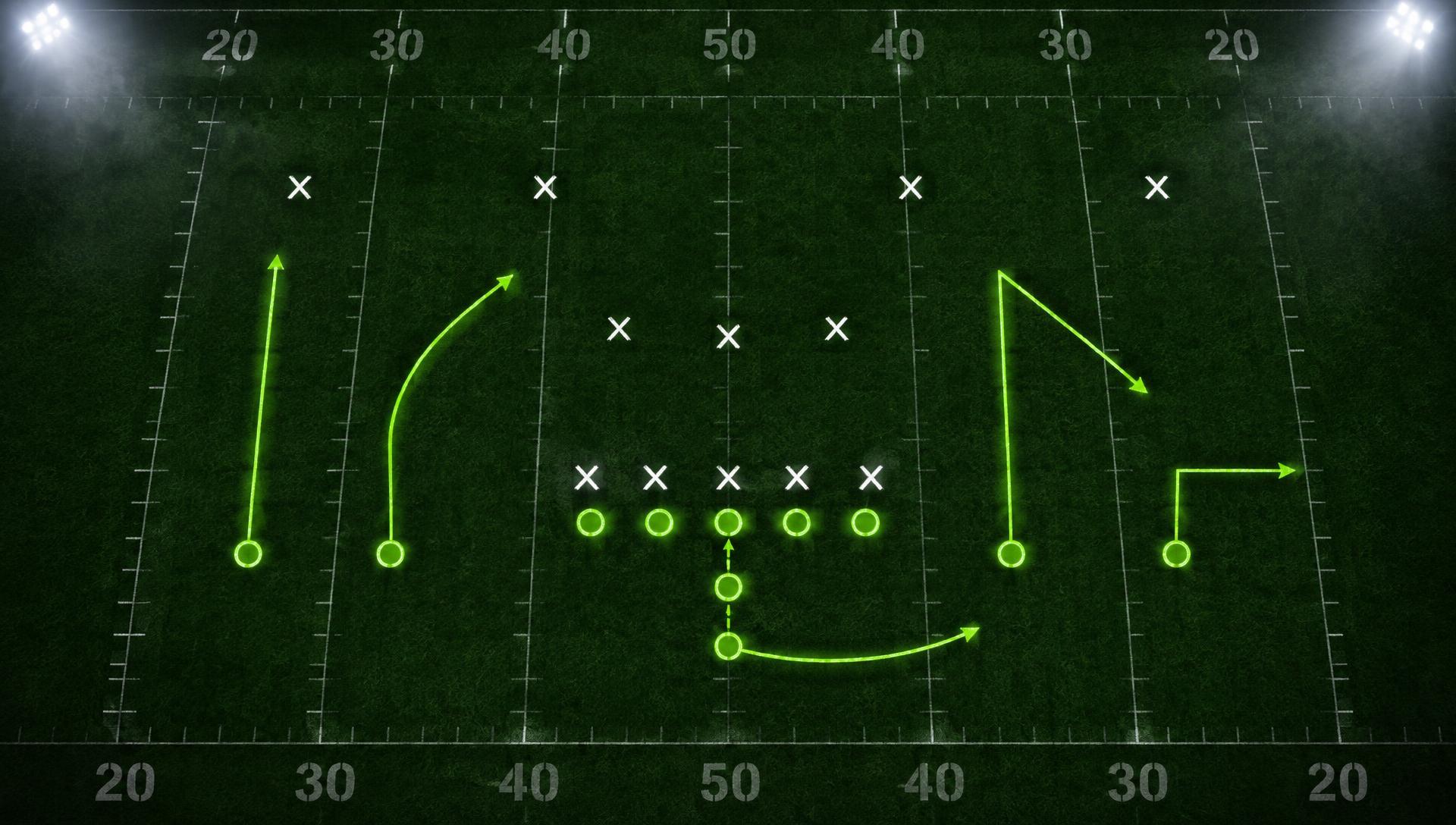 Animated flag football play diagram glowing on a dark field